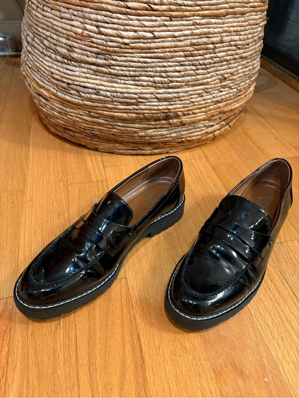 Franco Sarto Cassandra Black Patent Penny Loafers - Size 9.5